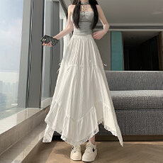 批发实拍 韩版设计感不规则蝴蝶结长裙夏季新款拼接蕾丝洋气<b class='q'>半身裙</b>