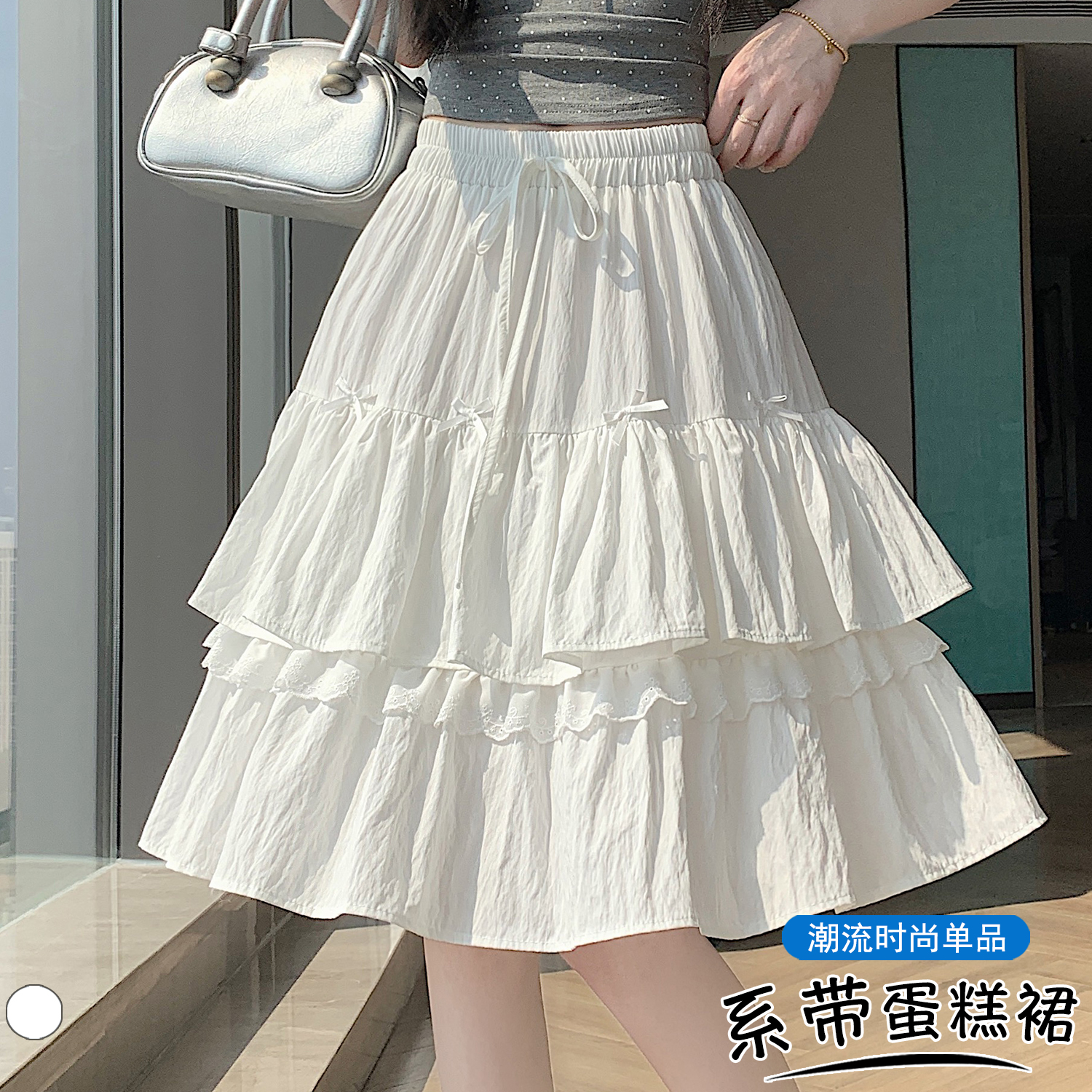 실사 발레 바람 화이트 퍼프 케이크 드레스 2026 여름 새로운 나비 매듭 하이웨이스트 슬림해 보이는 한 마디 미니 스커트