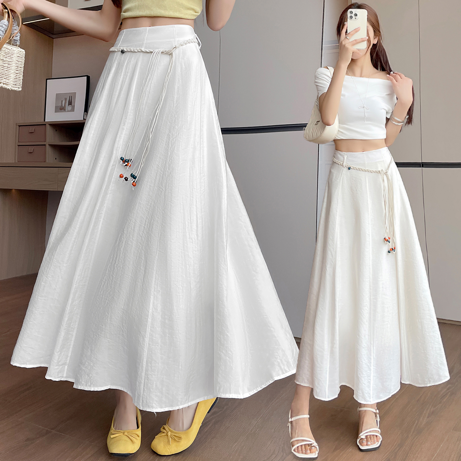 실사 질감 센스 한 마디 반신 스커트 2026 여름 하이웨이스트 슬림해 보이는 패션 다용도 레이스업 캐주얼 빅 플레어 스커트