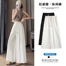批发实拍设计感夏季新款编织抽绳棉麻阔腿裤拼接镂空<b class='q'>休闲裤</b>垂感长裤女