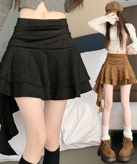 실사 디자인 센스 가을 겨울 레트로 사슴 캐시미어 불규칙 프릴 한 마디 반신 스커트 리본 주름 장식 미니 스커트
