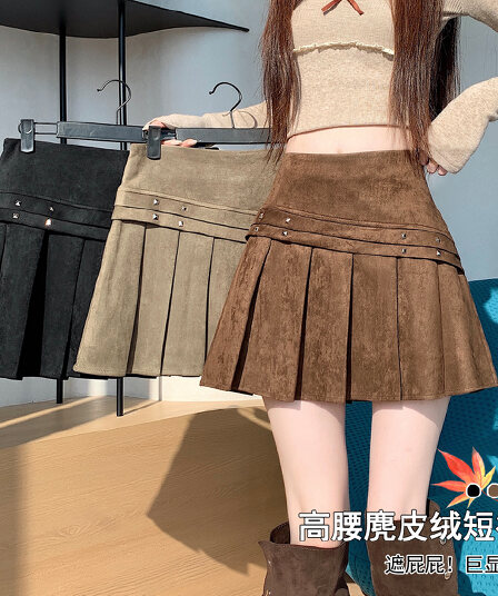 실사 디자인 센스 사슴 캐시미어 레트로 버드 나무 못 플리츠 미니 스커트 가을 겨울 새로운 하이웨이스트 ins 다용도 A라인 스커트