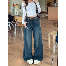 批发高腰复古<b class='q'>牛仔</b>裤女直筒微喇叭裤子2026春季新款宽松阔腿裤