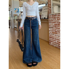 批发大长腿高腰阔腿微喇叭牛仔裤女春季氛围感复古显高宽松筒叭裤