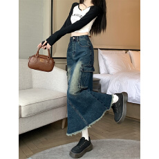 批发美式复古辣妹牛仔半身裙女春<b class='q'>秋</b>高腰显瘦a字裙中长款包臀裙鱼尾裙