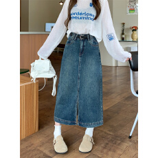 批发送皮带~牛仔<b class='q'>半身裙</b>女2025年新款秋季中长款半裙a字小个子包臀裙