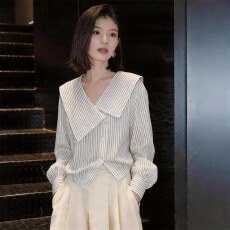 批发法式轻熟风V领不对称<b class='q'>条纹</b><b class='q'>衬衫</b>女2026春季新款通勤百搭显瘦上衣潮