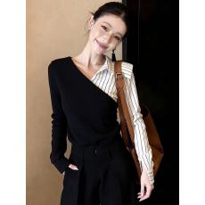 批发优雅绝美黑白条纹v领<b class='q'>长袖</b>假两件衬衫女春季新款通勤百搭叠穿衬衣
