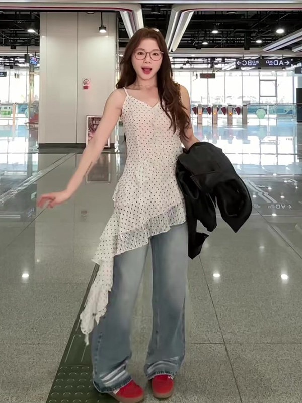 빅 사이즈 불규칙 프릴 민소매 슬립 드레스 2026 레트로 프린트 도트 무늬 인사이드 가져 가라. 외출용 여성 드레스