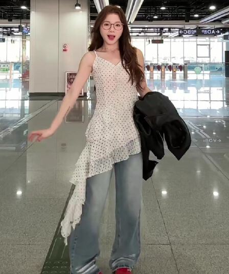 빅 사이즈 불규칙 프릴 민소매 슬립 드레스 2026 레트로 프린트 도트 무늬 인사이드 가져 가라. 외출용 여성 드레스