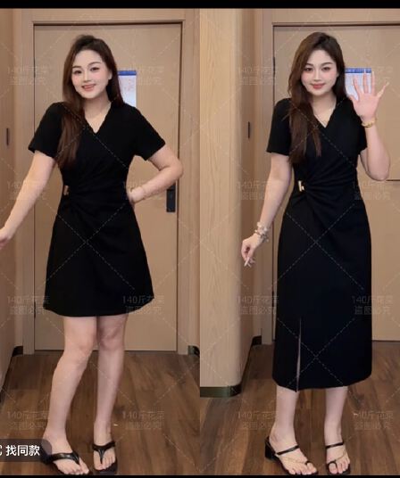 마이크로 지방 맞춤 골드 버튼 여름 새로운 프랑스식 품격 빛 럭셔리 V넥 슬림해 보이는 골드 버튼 작은 검은 드레스