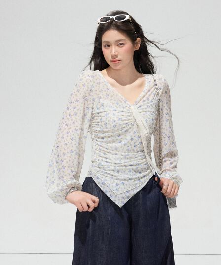마이크로 지방 mm 펌프 Pleat 허리 수축 슬림해 보이는 V넥 꽃무늬 셔츠 빅 사이즈 맨위