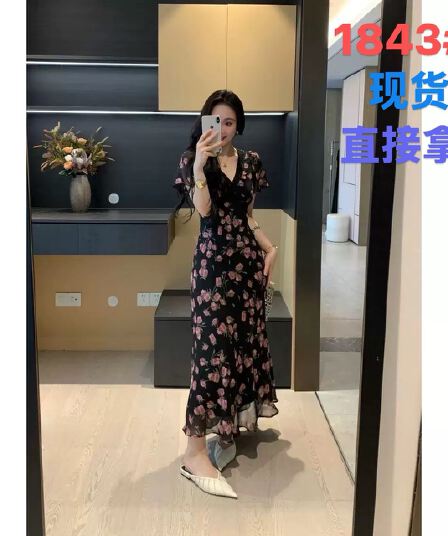xinyi 어둠 밤 장미 여름 쉬폰 프린트 V넥 드레스 허리 수축 슬림해 보이는 품격