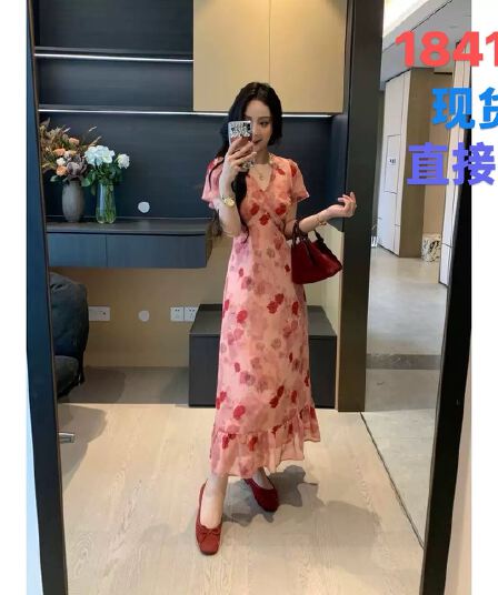 xinyi 어둠 밤 장미 여름 쉬폰 프린트 V넥 드레스 허리 수축 슬림해 보이는 품격