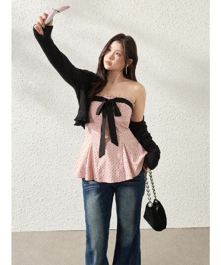 장 어른 복숭아 달콤한 서리 빅 사이즈 여성 의류 마이크로 지방 자매 아메리칸 레트로 도트 무늬 분말 포장 가슴 셔츠
