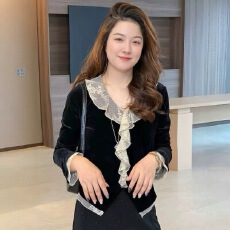 批发<b class='q'>大码</b>小个子26新款法式复古蕾丝花边长袖修身百搭衬衫上衣