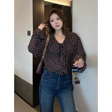 批发琪琪怪怪大码女装【波点风情】复古荷叶边气质百搭波点<b class='q'>衬衫</b>