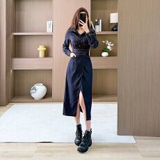 批发实拍有货牛仔长袖<b class='q'>连衣裙</b><b class='q'>开叉</b>长裙显瘦气质港风