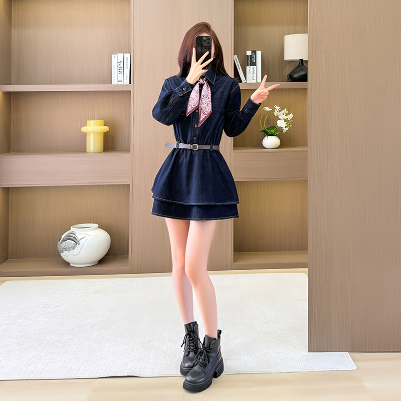 실사 재고 있음 봄 데님 드레스 미니 스커트 학생 학원 스타일 연령 감소 긴팔 드레스 프릴