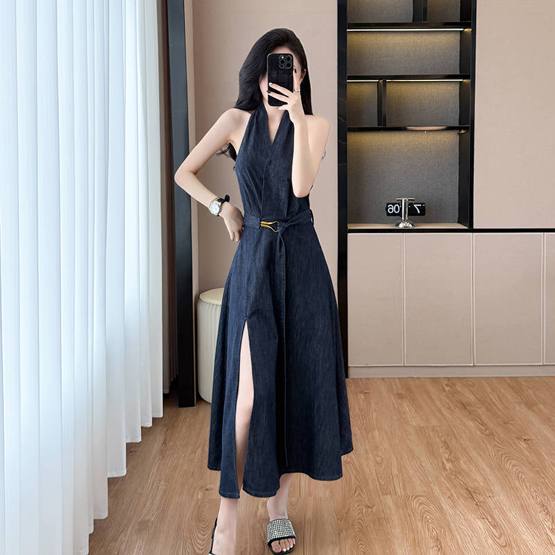 실사 여름 오프숄더 드레스 트임 드레스 롱 스커트 데님 스커트 섹시함 순수한 욕망 백리스 큰 진자