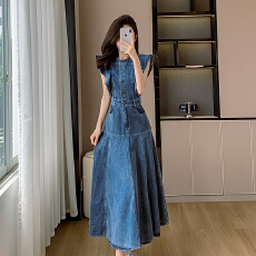 批发实拍春夏牛仔连衣裙长裙飞飞袖圆领高腰显瘦