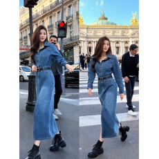 批发有货放心上款春季<b class='q'>牛仔</b>连衣裙长袖<b class='q'>长裙</b>复古港风高腰送皮带