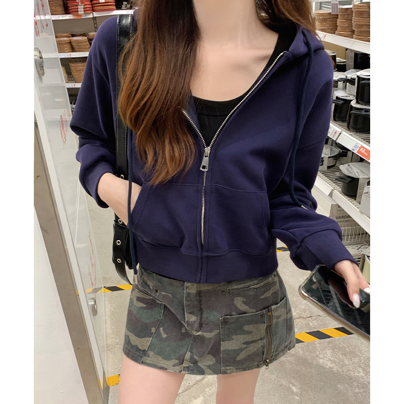 BY36532# 美式辣妹短款运动卫衣女拉链连帽外套设计感灰色外穿长袖上衣  服裝批發女裝批發服飾貨源