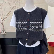 批发学院风复古提花针织开衫马甲背心女秋冬慵懒风厚款坎肩无袖马夹潮