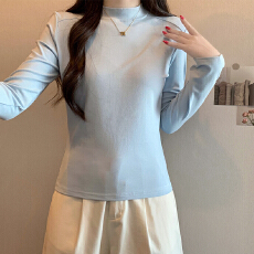 实拍秋冬修身小立领打底衫女2025新款百搭纯色长袖T恤内搭上衣服