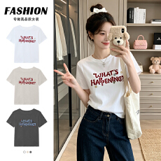 批发实拍立体纽扣字母刺绣短袖<b class='q'>T</b><b class='q'>恤</b>女夏季<b class='q'>韩版</b>宽松休闲半袖百搭上衣服