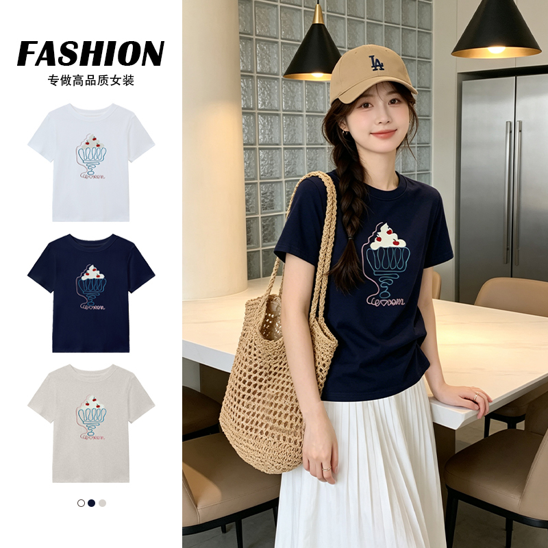 宽松正肩圆领短袖T恤女夏季设计感冰激凌刺绣上衣韩版体恤  服裝批發女裝批發服飾貨源
