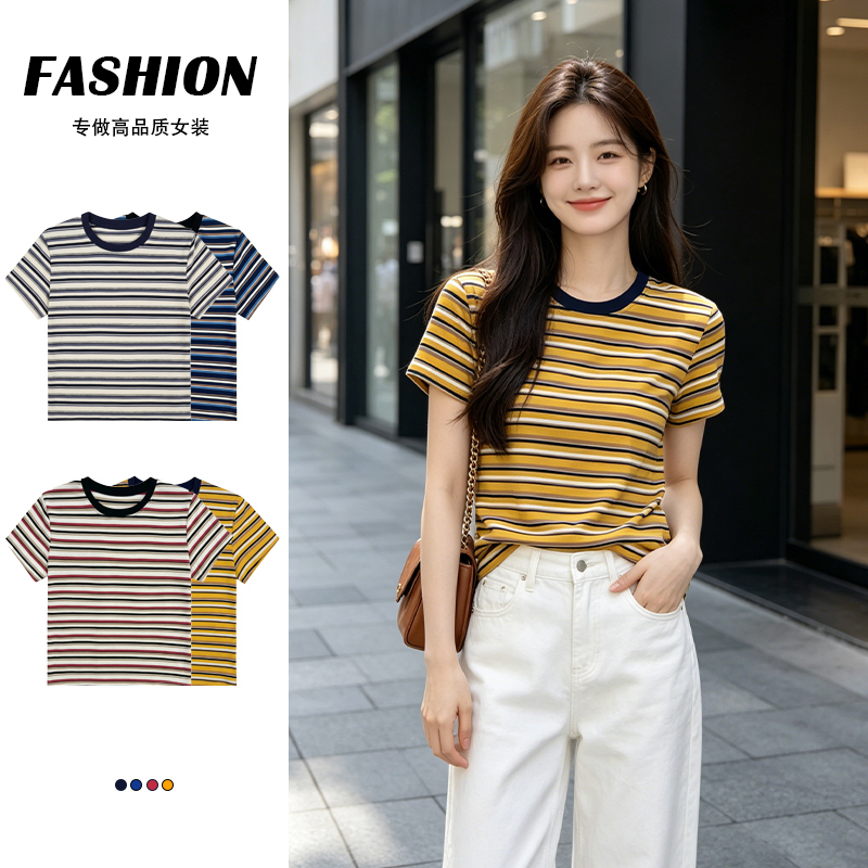 时尚条纹短袖T恤女韩版宽松圆领半袖新款百搭正肩上衣服  服裝批發女裝批發服飾貨源