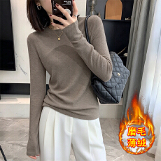 批发磨毛<b class='q'>薄</b>绒圆领打底衫女秋冬修身加绒正肩内搭上衣韩版纯色长袖T恤