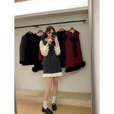 批发秋冬<b class='q'>新款</b>时髦法式温柔风蕾丝拼接衬衣+甜美亮片蝴蝶结连衣裙套装