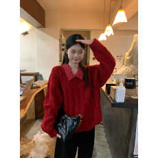 批发红色毛衣女<b class='q'>冬</b>季圣诞穿搭韩系假两件Polo领宽松慵懒针织上衣