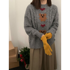 批发羊毛小熊爱心圆领套头针织衫女<b class='q'>冬</b>季新款洋气百搭小众毛衣女