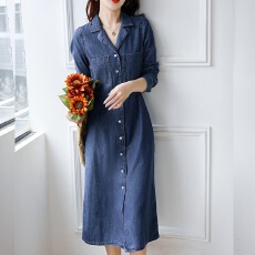 批发水洗<b class='q'>牛仔</b>连衣裙女2026春季新款翻领口袋收腰工装风中<b class='q'>长裙</b>子