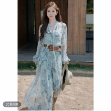 批发春夏时尚仙气温柔游牧风法式碎花收腰长袖修身显瘦<b class='q'>连衣裙</b>