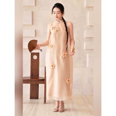 批发拾花令温柔风杏色无袖连衣裙新中式立体花春夏宽松气质长裙