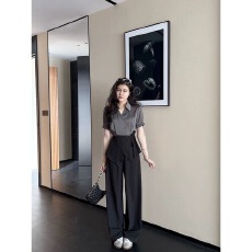 批发城市通勤<b class='q'>气质</b>通勤黑灰高级撞色收腰衬衫 +高腰直筒<b class='q'>裤</b>