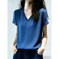 批发淑女风蓝色V领花边短袖上衣女2026夏季新款宽松百搭显瘦减龄上衣