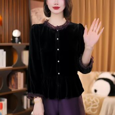 批发丝绒新中式国风上衣<b class='q'>女装</b>长袖秋冬新款收腰气质打底小衫花边领衬衫