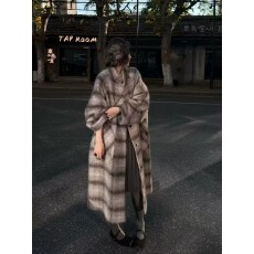 批发大女主新中式秋<b class='q'>冬</b>季绵羊毛+山羊绒秘鲁格纹拉毛廓形大衣