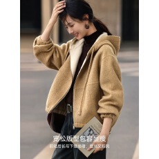 批发网图设计感混色双面呢羊毛大衣女秋冬连帽休闲风短款毛呢外套