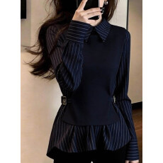 批发休闲风假两件条纹衬衫<b class='q'>女</b>2026春季<b class='q'>新款</b>长袖翻领收腰通勤藏蓝色上衣