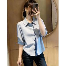 批发2026蓝色<b class='q'>条纹</b>短袖<b class='q'>衬衫</b>女设计感小众法式小资上衣女夏