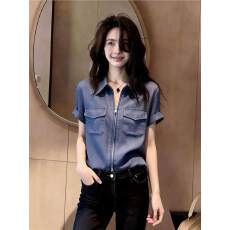 批发奥特莱斯广州十三行春夏新款百搭显瘦设计感蓝色翻领拉链短袖<b class='q'>衬衫</b>