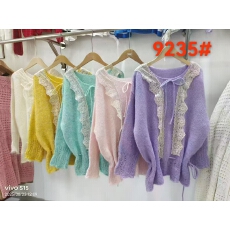 批发新款 女装 欧美风时尚简约花边短款长袖配置腰带<b class='q'>针织</b>衫