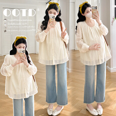 孕妇装春夏新款宽松刺绣衬衫时尚款显瘦遮肚长衫春装上衣