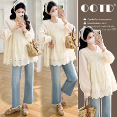 孕妇装春季新款时尚衬衫宽松遮肚显瘦款绣花木耳边纯棉上衣